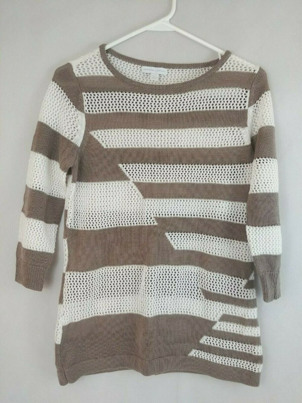 New York & Company Sweater Shirt Ivory & Brown Size Small Open & Closed Knit